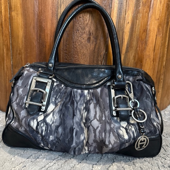 ETIENNE AIGNER Large Shoulder Bag Leather And Fabric Monogram Black Purple F - Picture 1 of 12